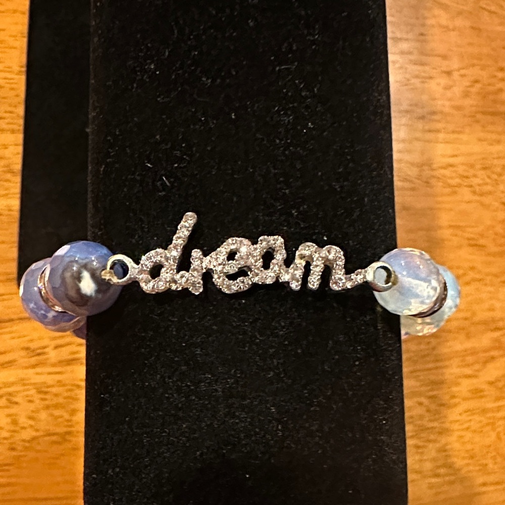 “Dream” Moonstone Bracelet with Blue and White Crystal Accents. Stretch